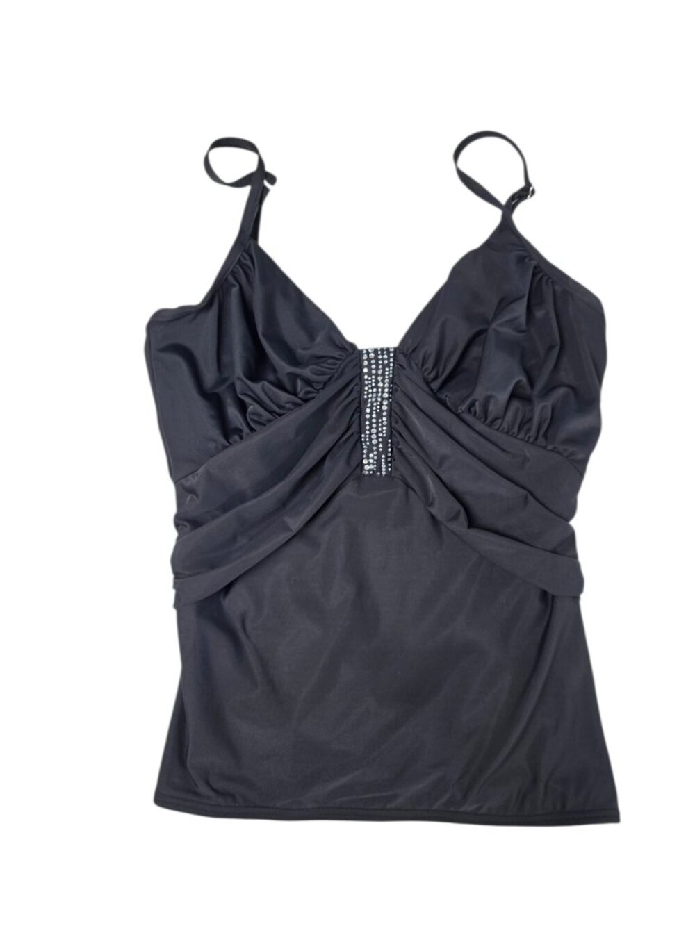 Miraclesuit Ruched Black Embelished Tankini Top, Flattering, Underwire, Size 16